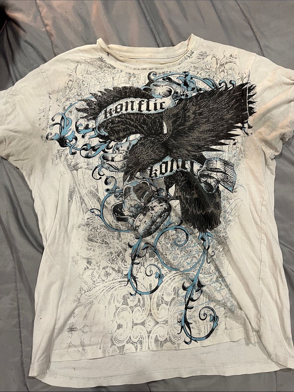 Akonflic Grunge Eagle Tee in White with Black & Blue Print